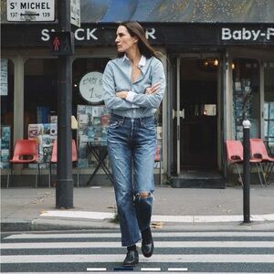 Classic Women's Button-Down Shirt in White with Subtle Gray Stripes